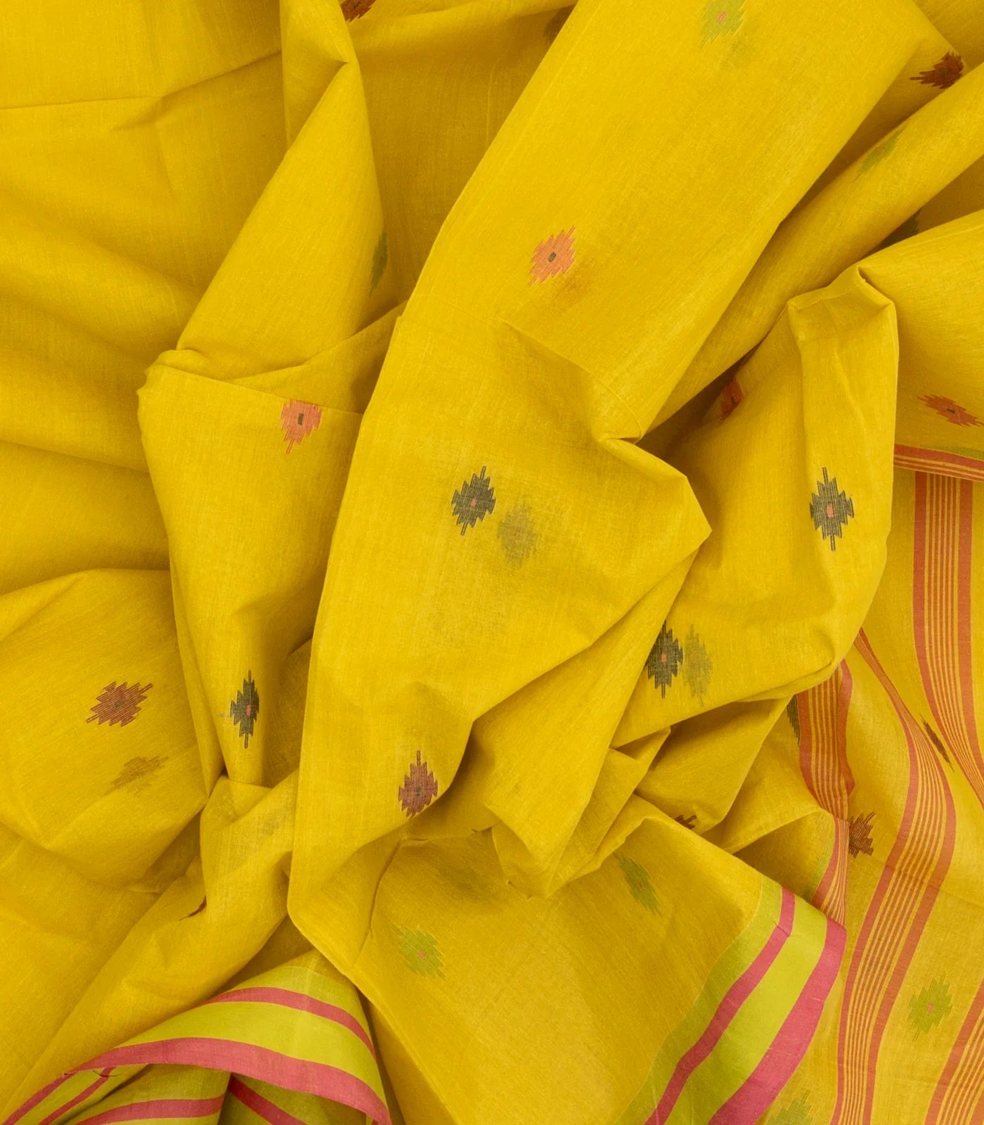 Lemon Yellow Handloom Bengal Cotton Saree With Diamond Motifs