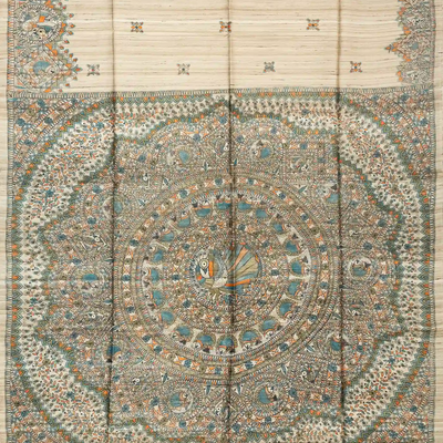 Taupe Handloom Tussar Silk Saree With Printed Bird Motifs