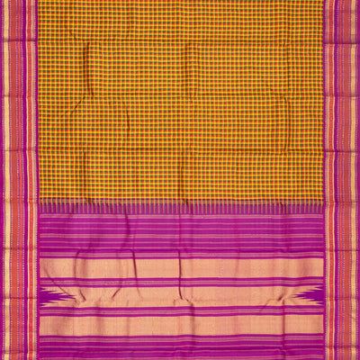 Multi Color Handloom Kanchipuram Korvai Silk Saree With Checks