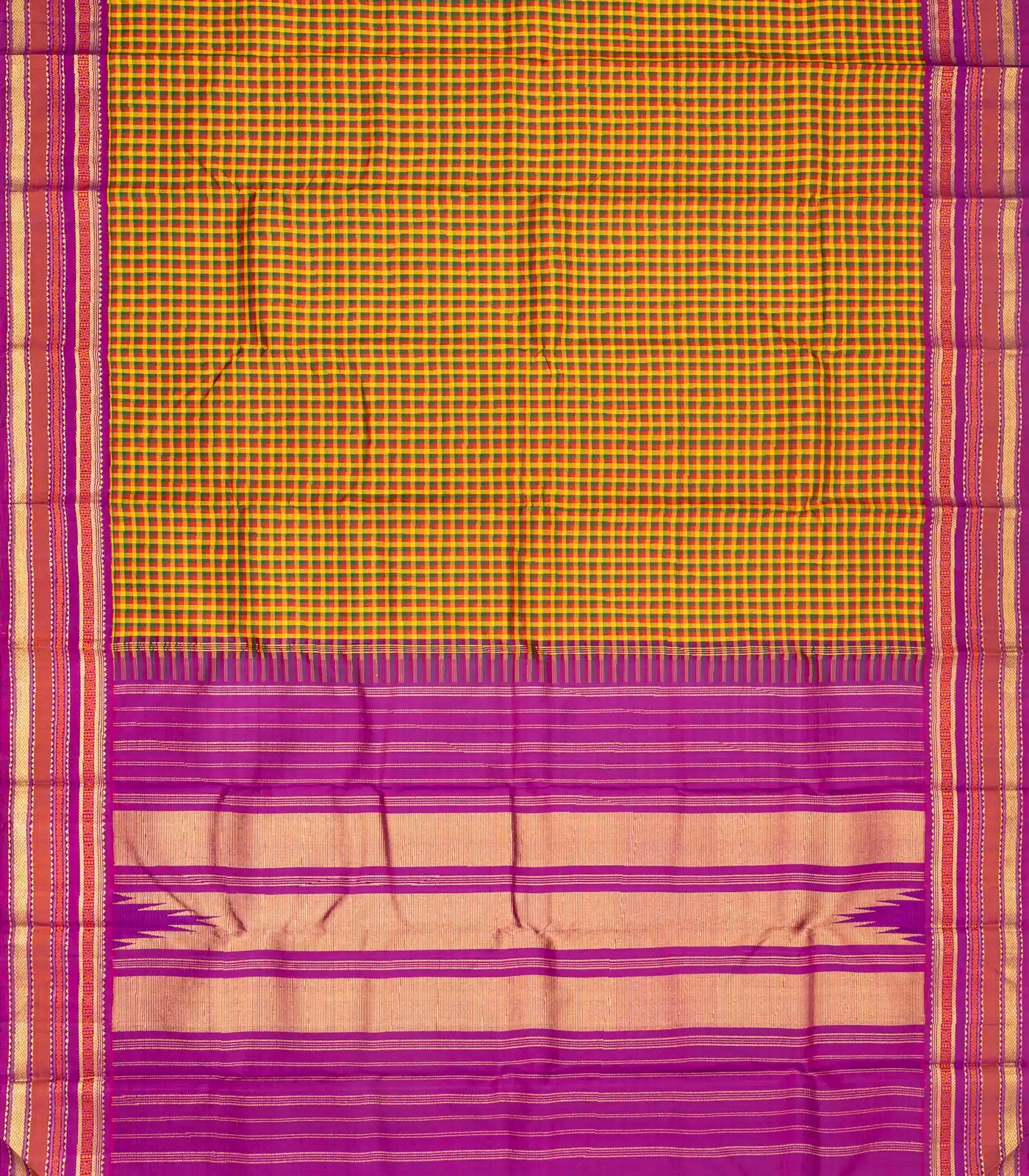 Multi Color Handloom Kanchipuram Korvai Silk Saree With Checks