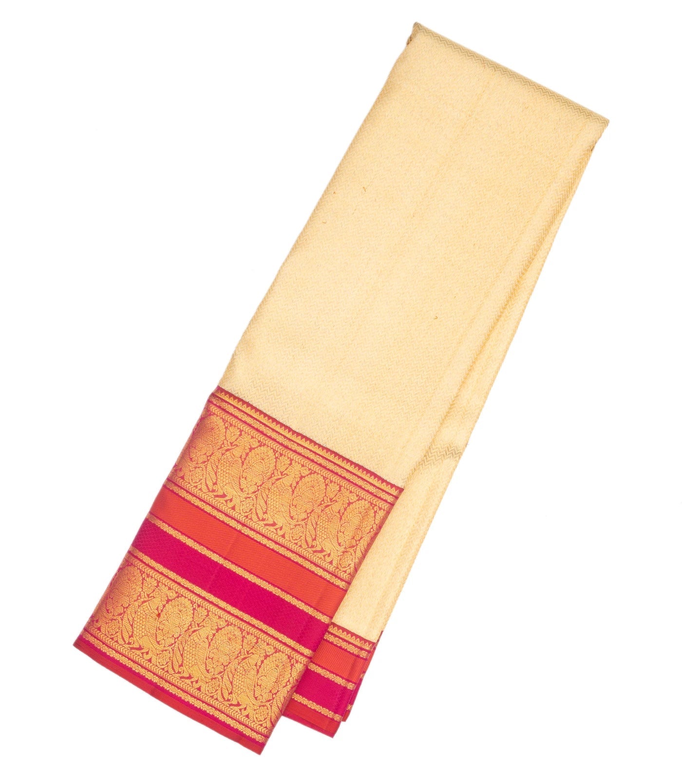 Cream Handloom Kanchipuram Korvai Silk Saree With Chevron Stripes