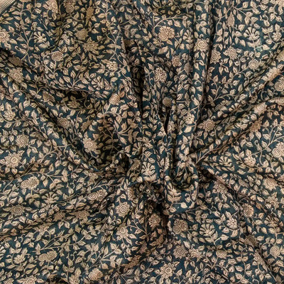 Steel Blue Handloom Chanderi Cotton Saree With Printed Cream Floral Motif