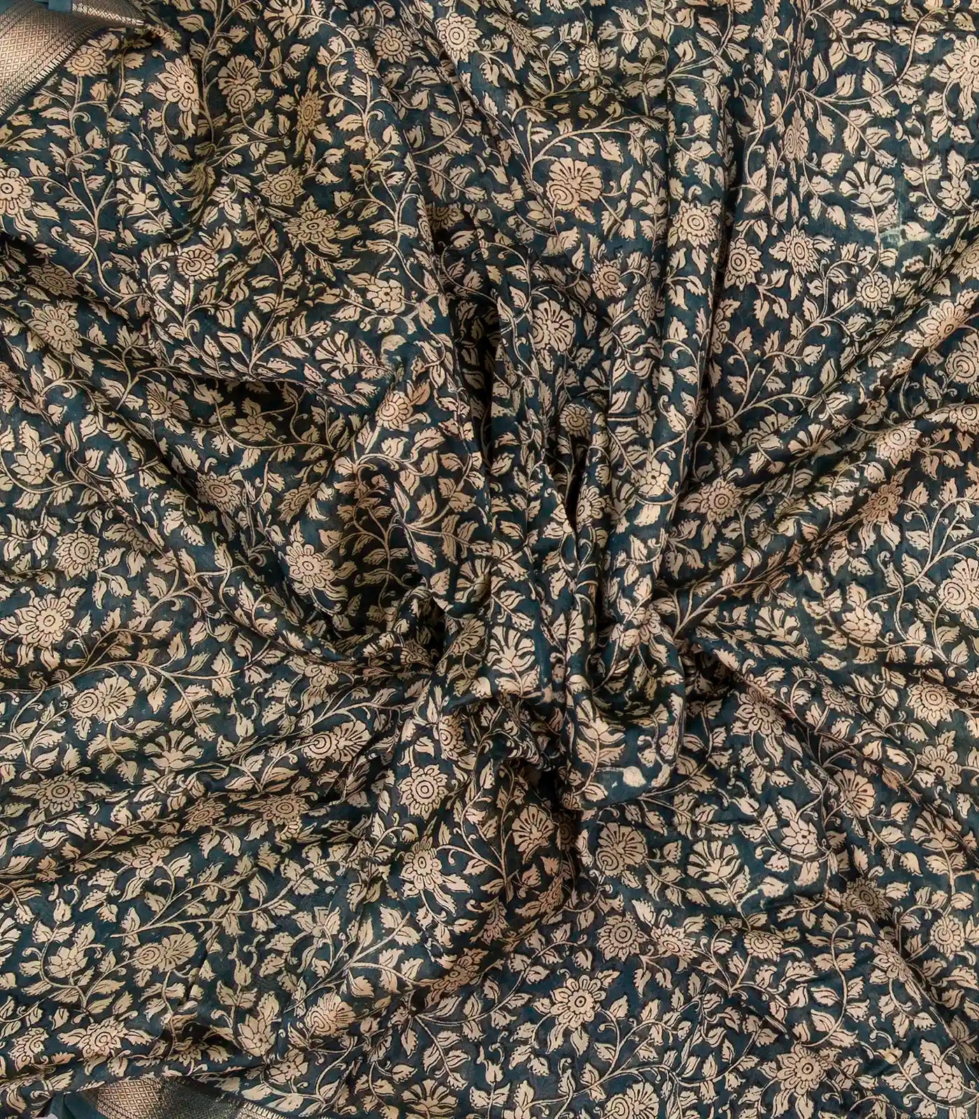 Steel Blue Handloom Chanderi Cotton Saree With Printed Cream Floral Motif