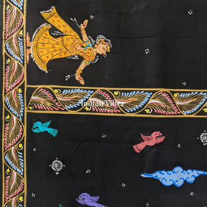 Black Mathura Vijay Theme Hand-Painted Pattachitra Saree