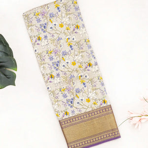 Off White Woven Chiniya Silk Saree Digital Printed With Floral Motifs