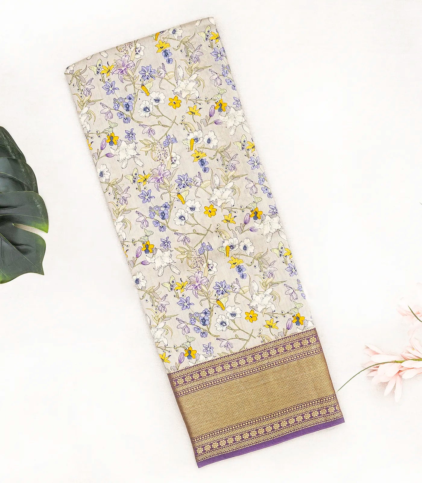 Off White Woven Chiniya Silk Saree Digital Printed With Floral Motifs