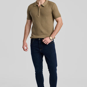 Khaki Zipper Knitted Polo T-Shirt