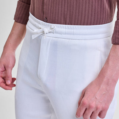 White Self-Design Slim Fit Trousers