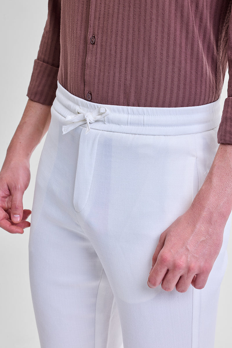 White Self-Design Slim Fit Trousers