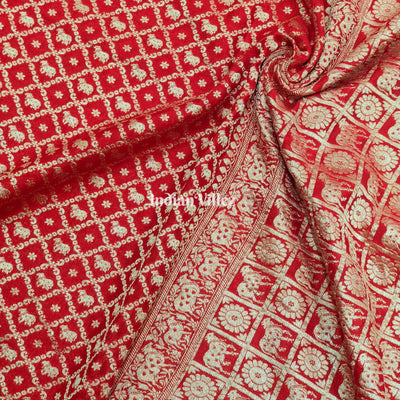 Red Color Bull Motif Banarasi  Khaddi Georgette Shikargah Saree