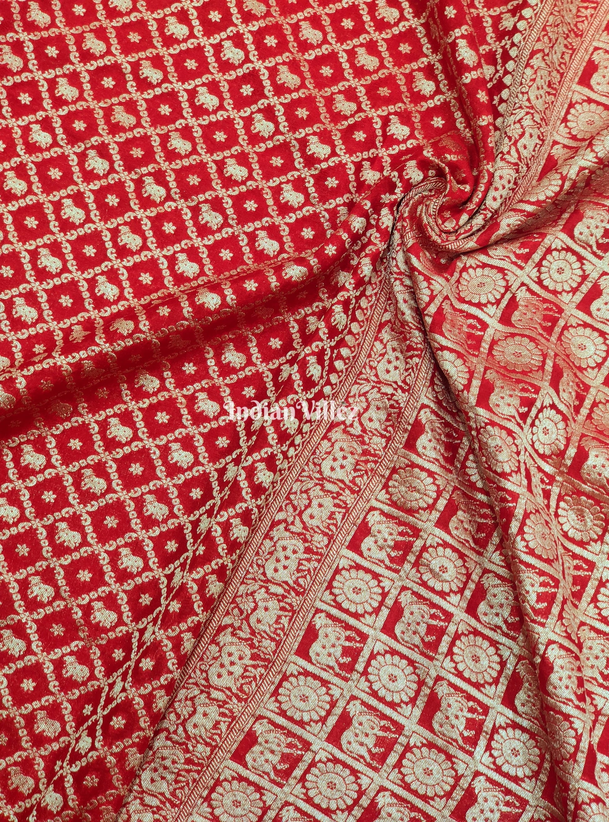 Red Color Bull Motif Banarasi  Khaddi Georgette Shikargah Saree