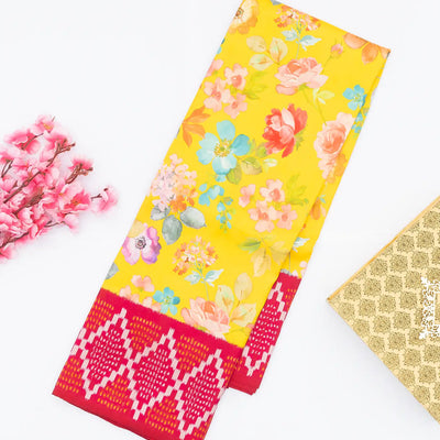 Yellow Handloom Kanchipuram Korvai Silk Saree Printed With Floral Motifs