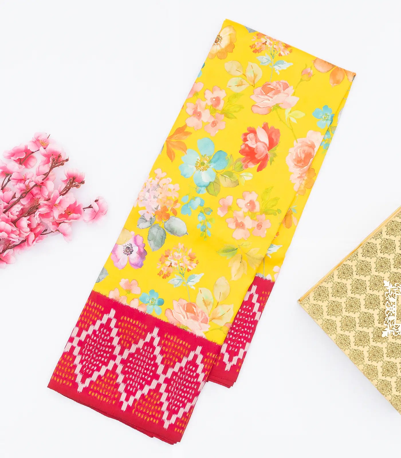 Yellow Handloom Kanchipuram Korvai Silk Saree Printed With Floral Motifs