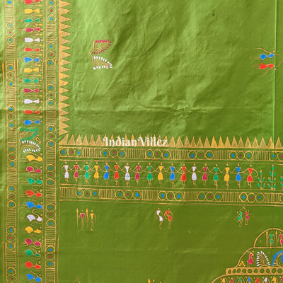 Parrot Green Tribal & Konark Template Pattachitra Saree
