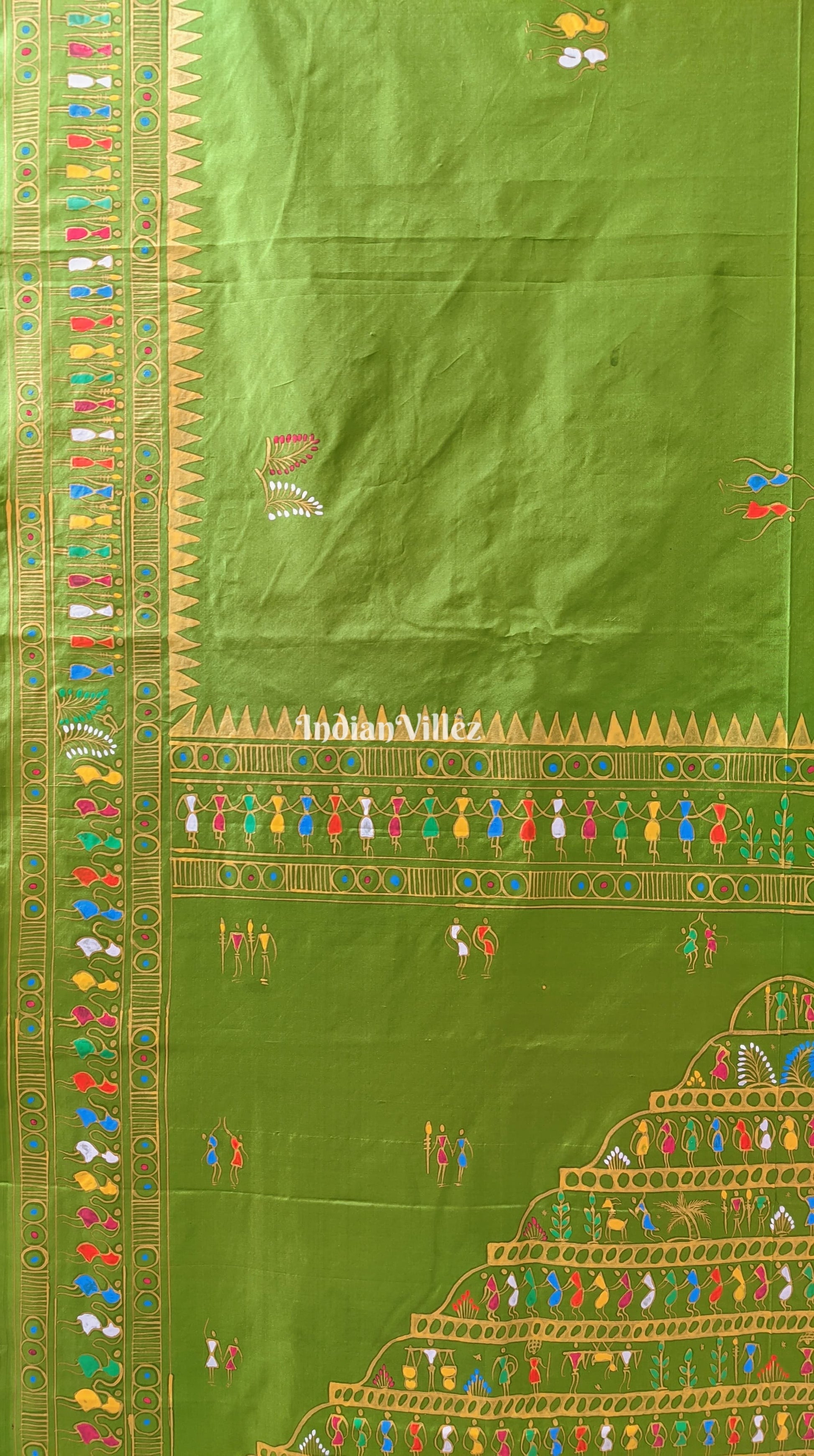 Parrot Green Tribal & Konark Template Pattachitra Saree