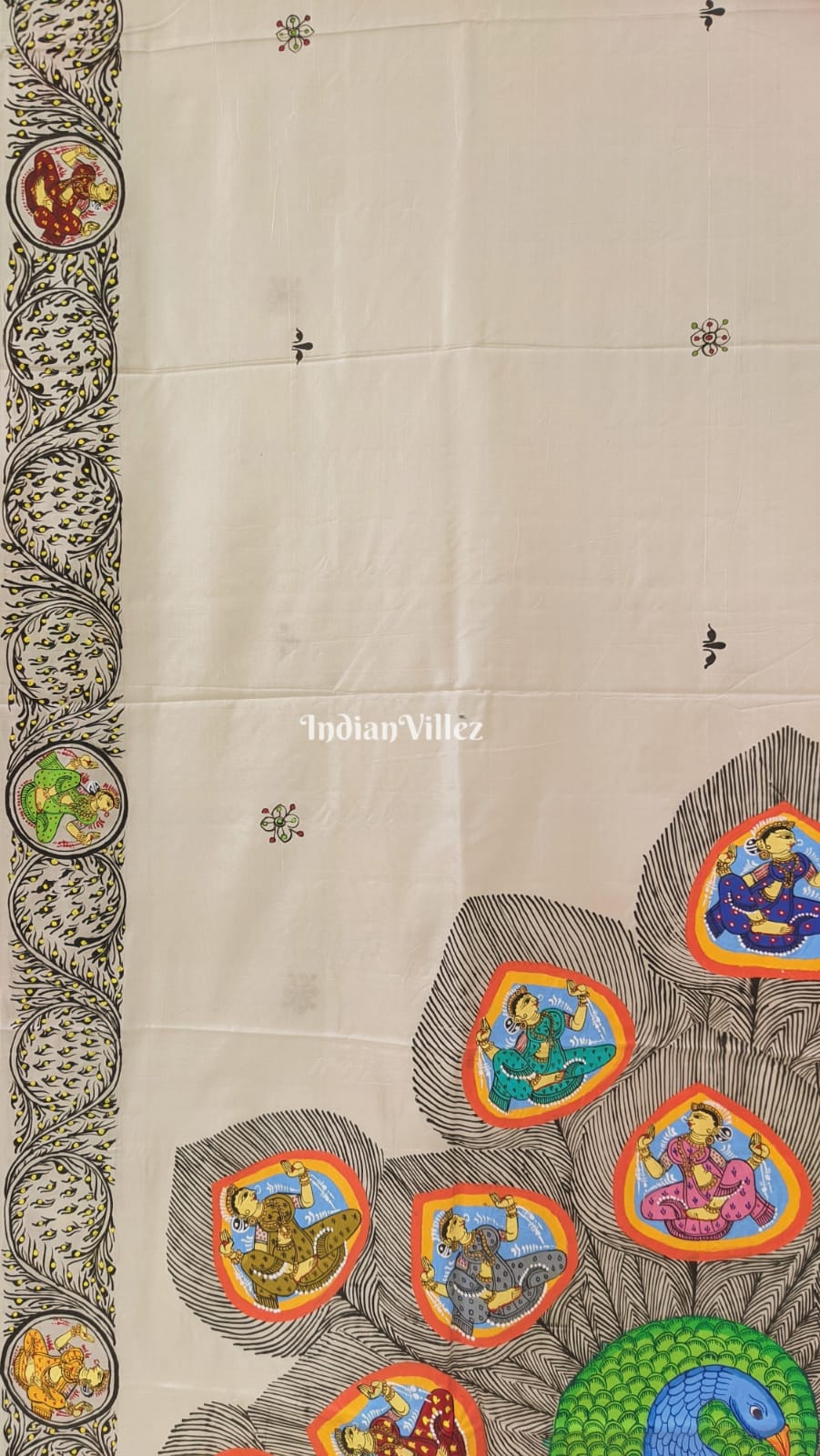 Off White PEACOCK (Mayur) & Nartaki Theme Pattachitra Silk Saree