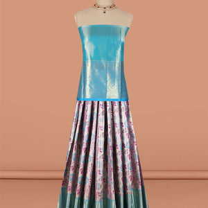 Blue  floral vine design art-silk half saree, contrast traditional zari border,zari design blouse & intricate dhavani