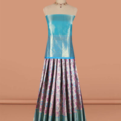 Blue  floral vine design art-silk half saree, contrast traditional zari border,zari design blouse & intricate dhavani