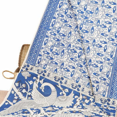Green geometric machine-printed kalamkari cotton saree, diamond border & God Krishna Radha motifs pallu