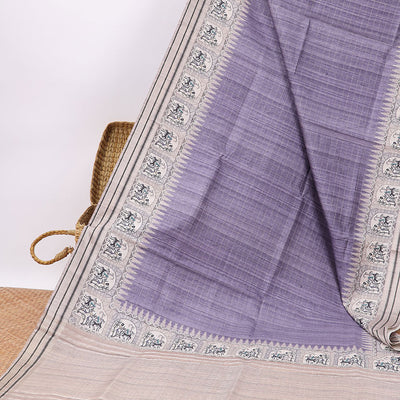 Purple checked semi-banaras tussar saree with contrast jacquard border & striped pallu