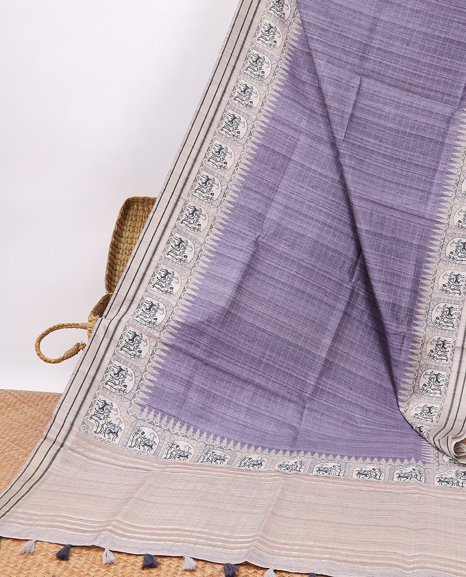 Purple checked semi-banaras tussar saree with contrast jacquard border & striped pallu