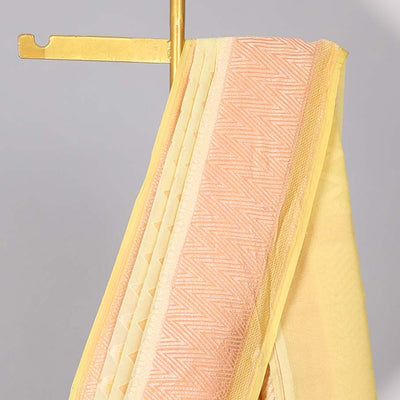 Yellow zig-zag striped banaras georgette saree with contrast border & geometric design pallu