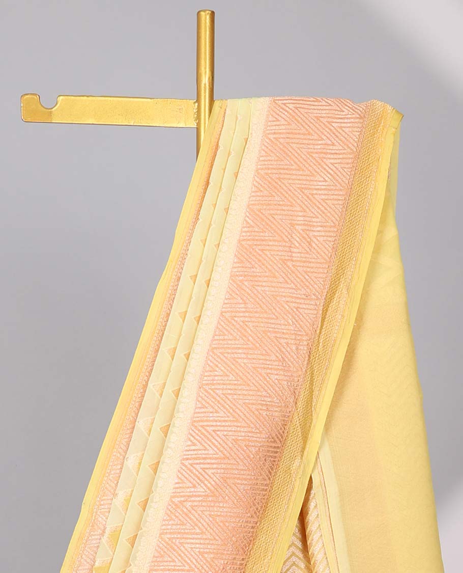 Yellow zig-zag striped banaras georgette saree with contrast border & geometric design pallu