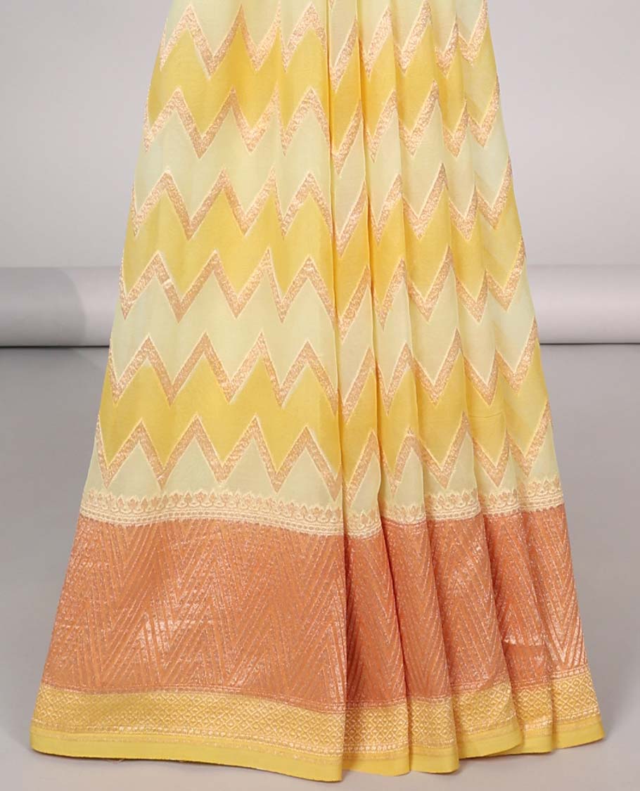 Yellow zig-zag striped banaras georgette saree with contrast border & geometric design pallu