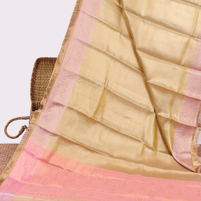 Yellow semi-banaras tissue silk saree with  contrast zari, fringe border & pallu of intricate design