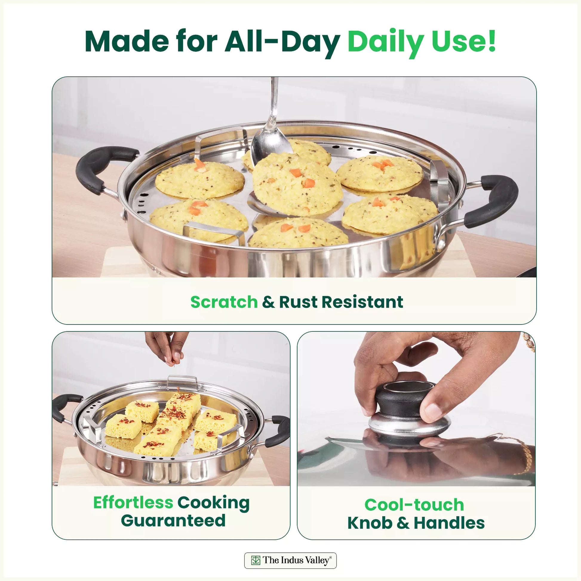 Tri-Steel Premium Stainless Steel Idli/ Dhokla/ Momo Maker/ Multi Pot/ Veg Steaming Set, Tri-ply Induction Bottom, 7 pit, 5 Plates, 4.2L, 2.5kg