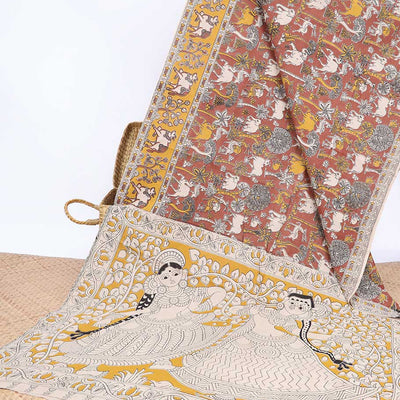 Brown village-theme machine-printed kalamkari cotton saree,  contrast Pichwai cow border & human figurines pallu