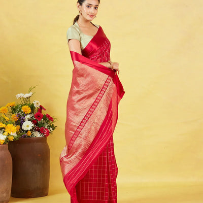 Red Crepe Silk Saree With Zari Checks
