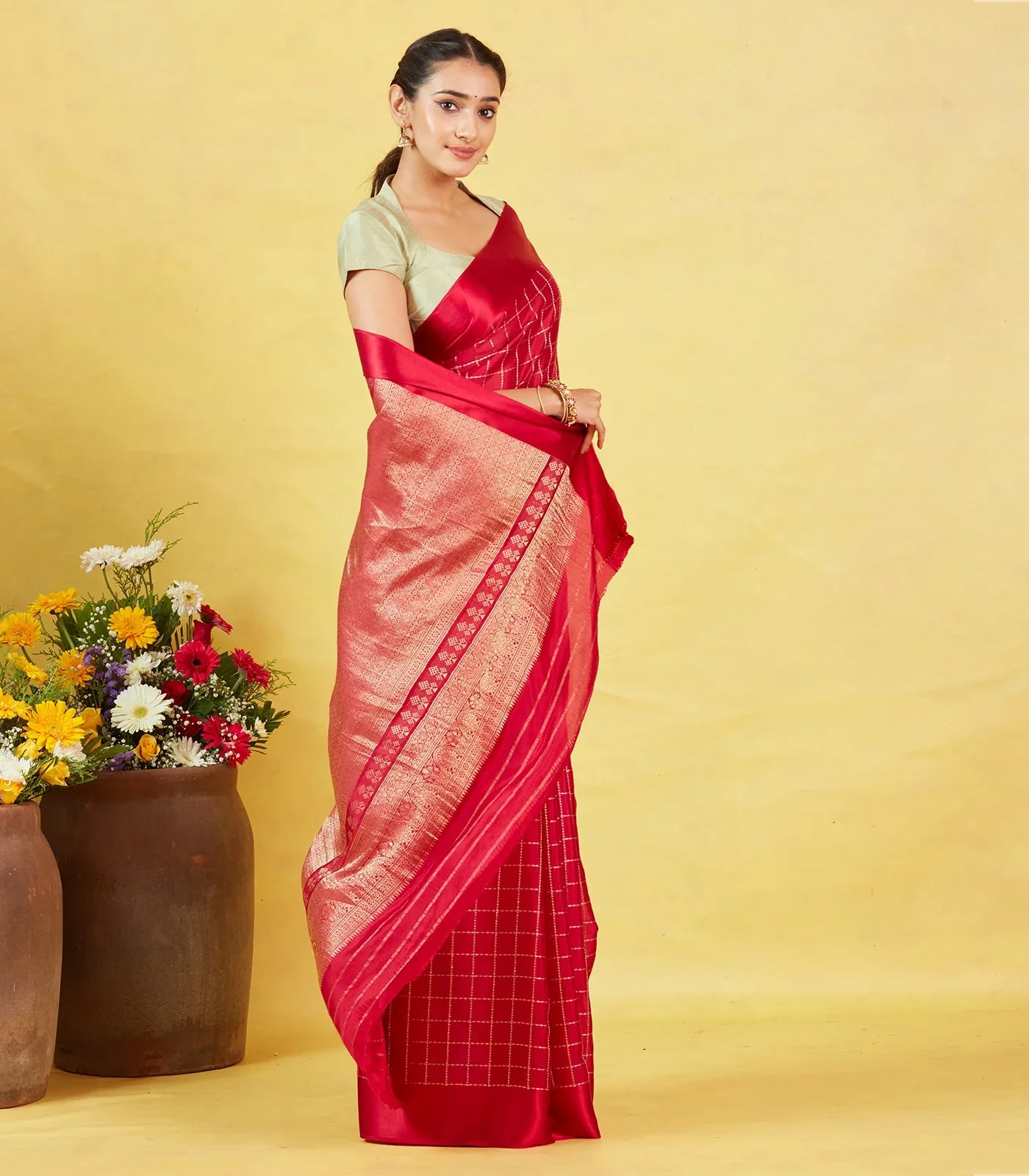 Red Crepe Silk Saree With Zari Checks