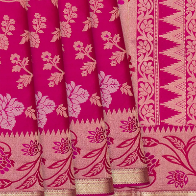 Pink Handloom Soft Silk Saree With Floral Vine Motifs -Pink