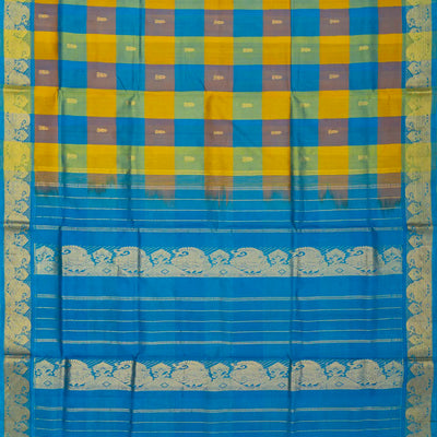 Blue Handloom Silk Cotton Saree With Checks And Buttas