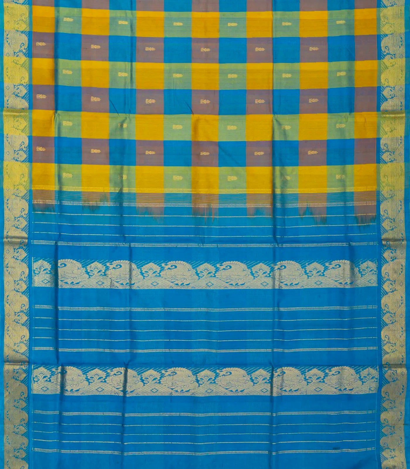 Blue Handloom Silk Cotton Saree With Checks And Buttas