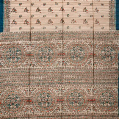 Taupe Handwoven Tussar Silk Saree With Printed Bird Motifs