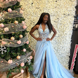 Beaded Organza Halter A-line Slit Gown by Jovani 25964