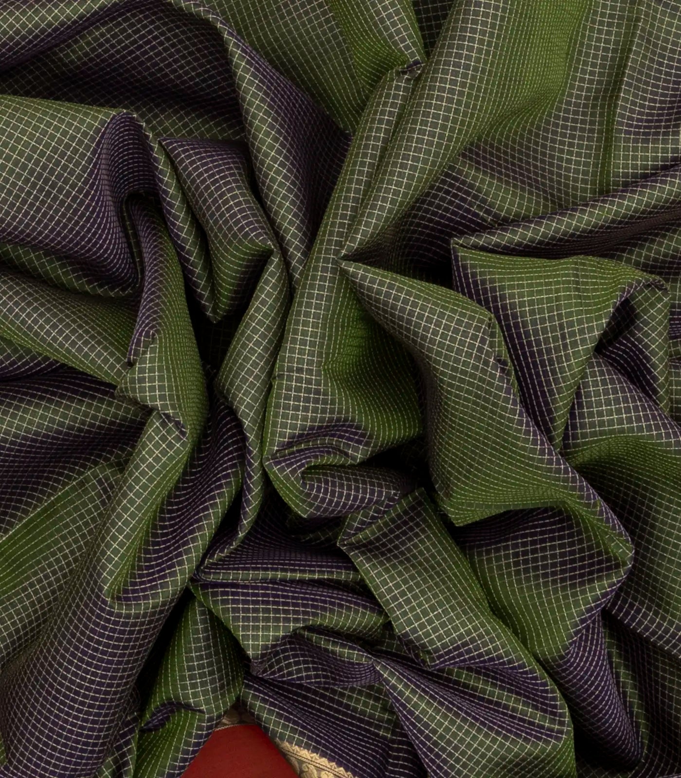 Bottle Green Handloom Silk Cotton Saree With Checks