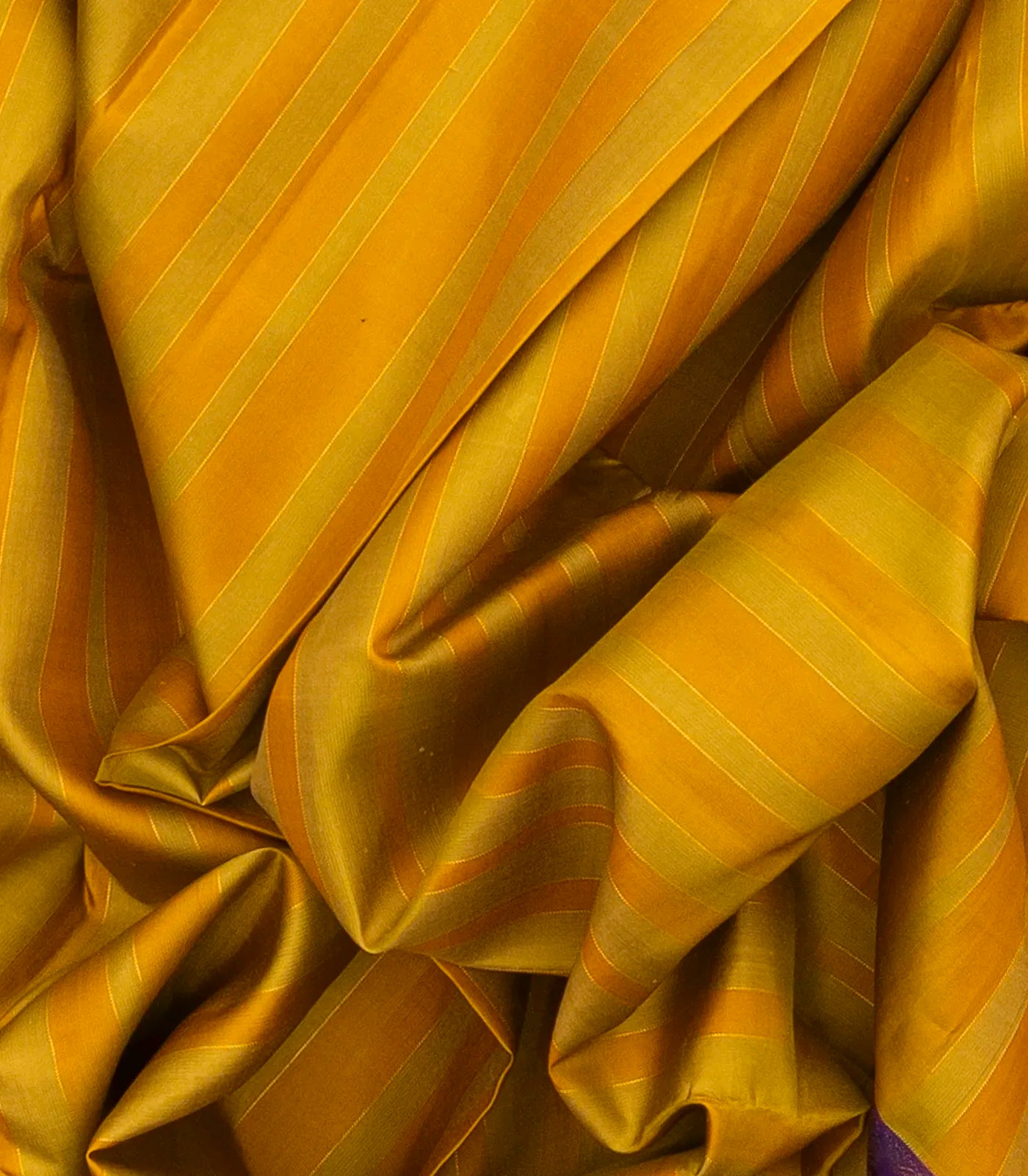 Mustard Handloom Kanchipuram Korvai Silk Saree With Stripes