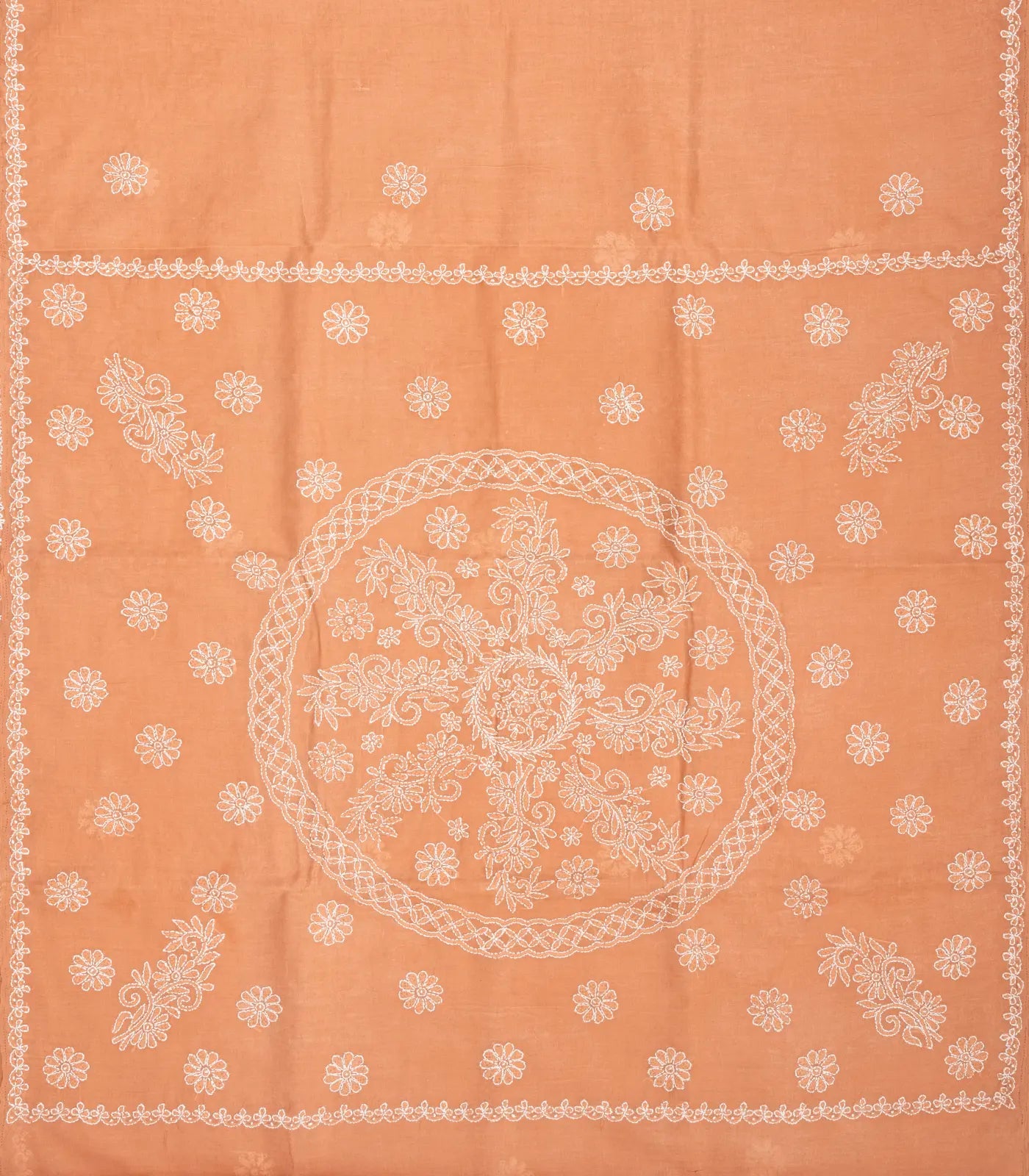 Dark Peach Chikankari Embroidered Cotton Saree With Floral Motifs