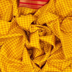 Yellow Handloom Soft Silk Saree With Checks & Contrast Red Border