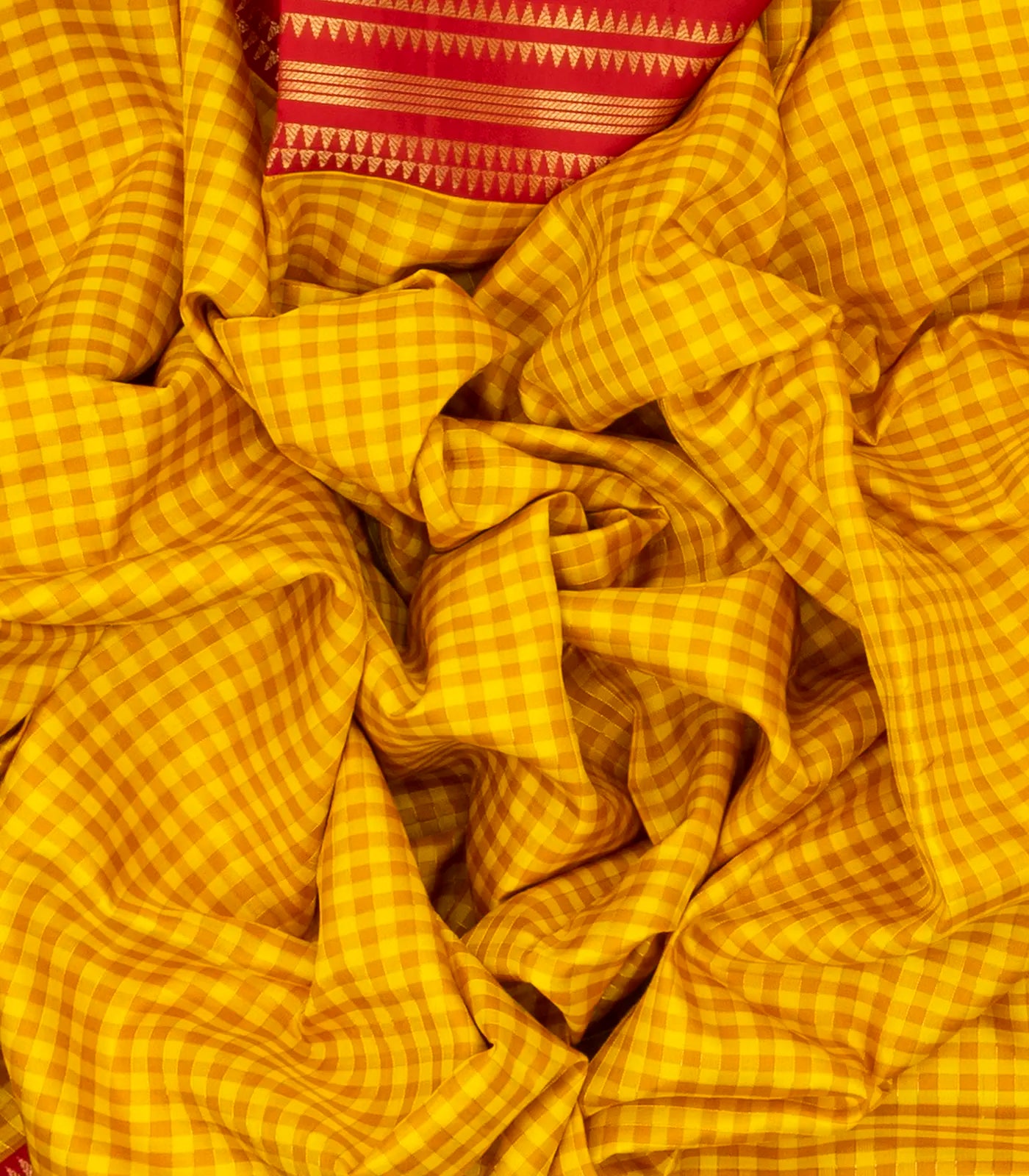 Yellow Handloom Soft Silk Saree With Checks & Contrast Red Border