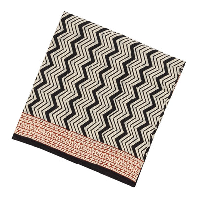 Cream Woven Jaipur Cotton Saree Printed With Black Chevron Motifs