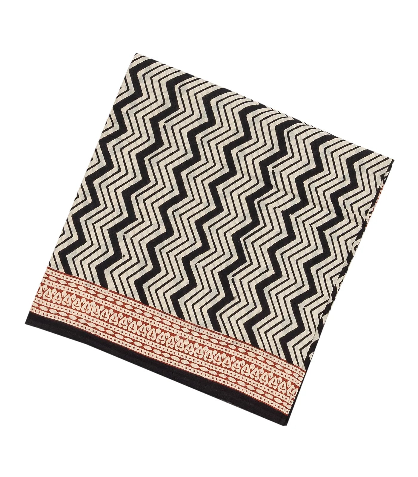 Cream Woven Jaipur Cotton Saree Printed With Black Chevron Motifs