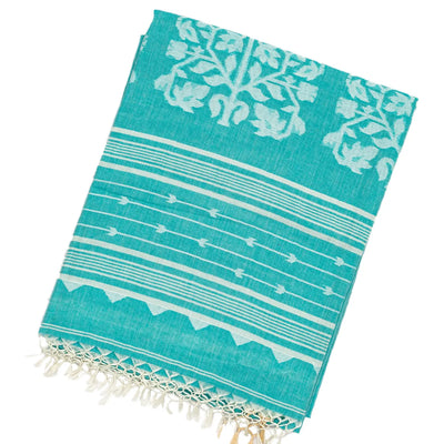 Turquoise Handloom Bengal Cotton Saree With Floral Buttas