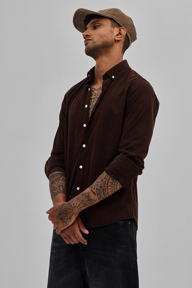 Dark Brown Slim Fit Corduroy Shirt
