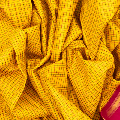 Yellow Handloom Kanchipuram Korvai Silk Saree With Checks & Ganga Jamuna Border