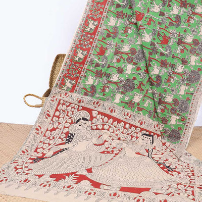 Green village-theme machine-printed kalamkari cotton saree,  contrast Pichwai cow border & human figurines pallu