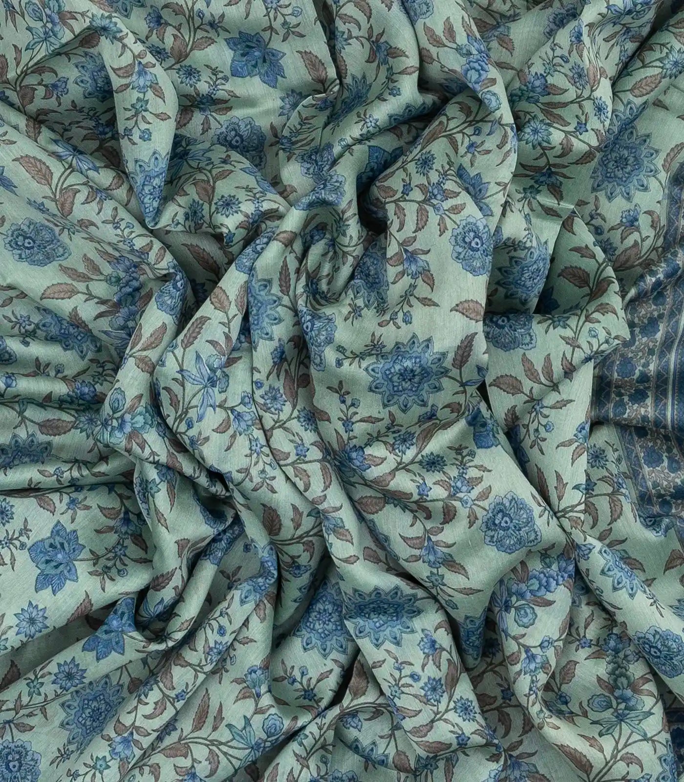 Light Blue Handloom Chanderi Cotton Saree With Printed Floral Vine Motif